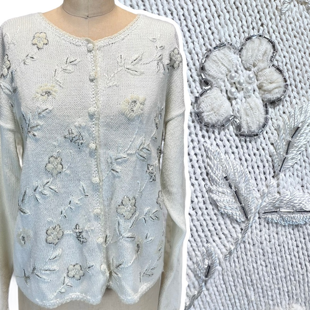 VINTAGE beaded embroidered sparkle knit sweater cardigan button front floral 90s
